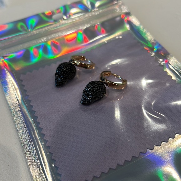 Black crystal pavé skull earrings with gold plated earring huggie. New/Handmade - Picture 3 of 6